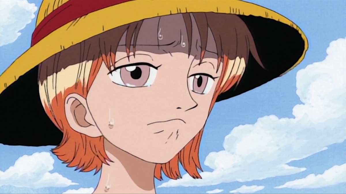 smiling nami — Nami's first appearance in the anime.